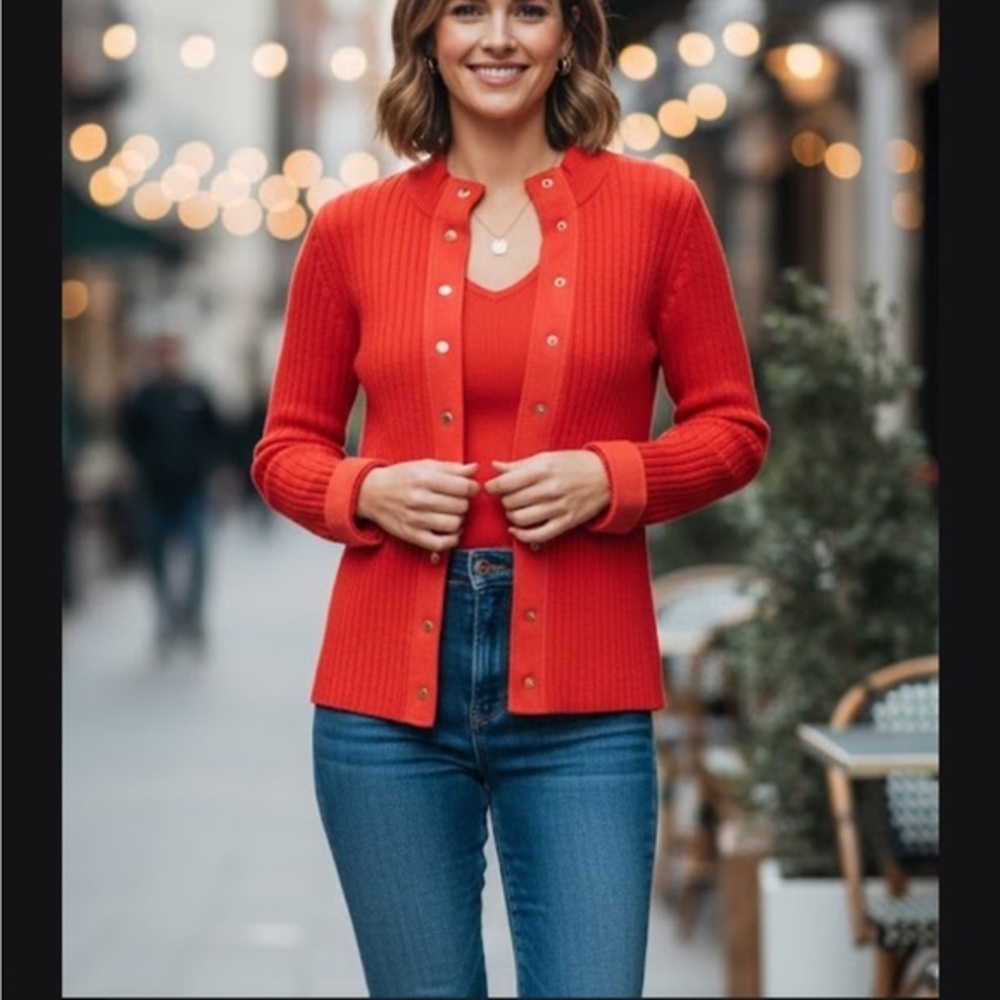 St. John Sport by Marie Gray Vibrant orange Cardigan with Gold Accents